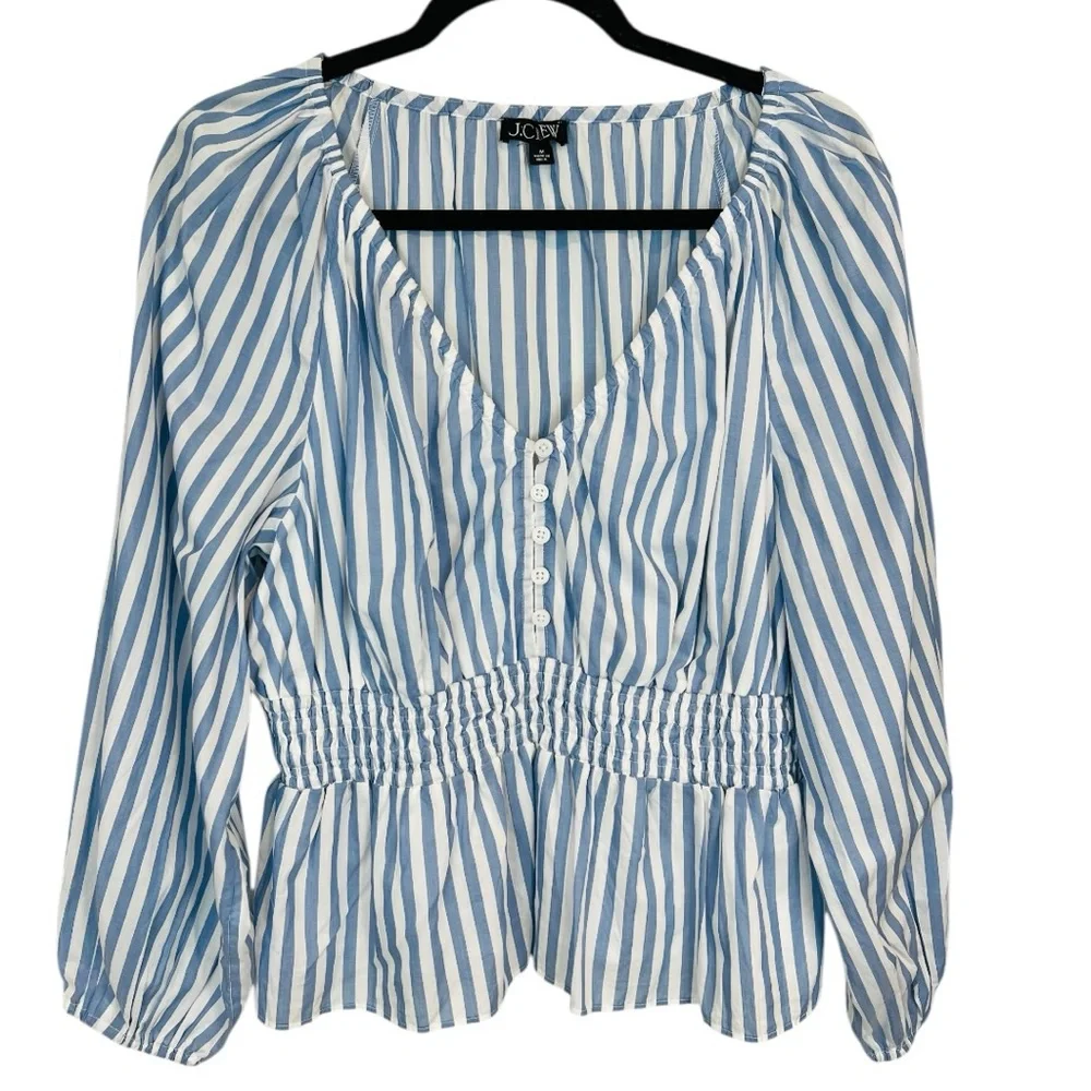 J Crew | V-neck smocked-waist top in stripe cotton lawn NWOT